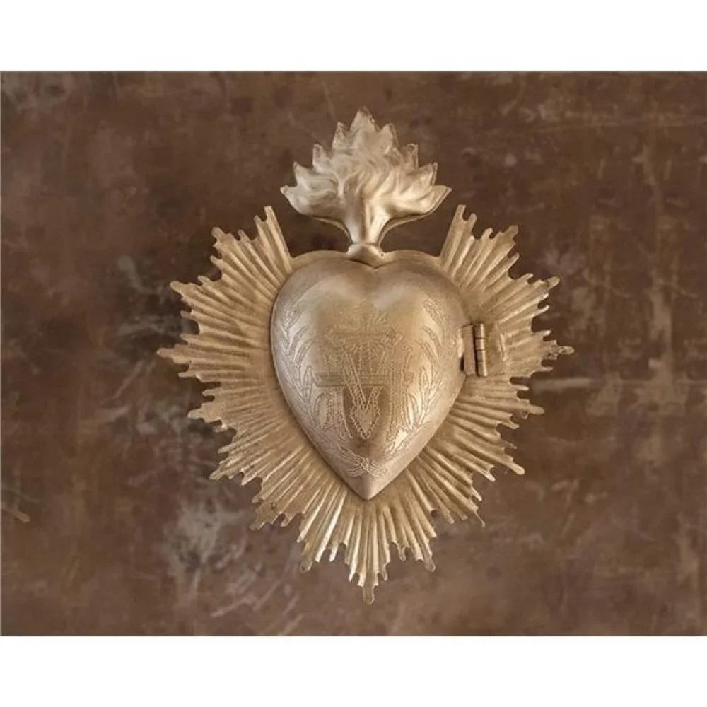 Sacred Heart, Metal Heart Milagro, Gold Heart Box, Ornament
